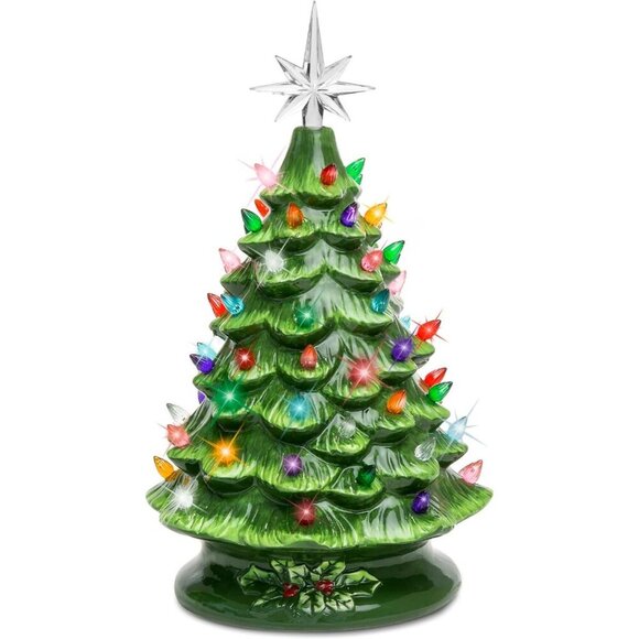 Other - 15in Ceramic Christmas Tree Pre lit Hand Painted Tabletop Holiday Tree 64 Lights